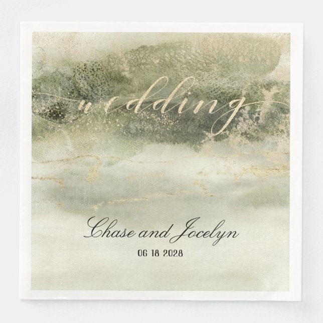 Serviette En Papier Gold & Sage Aquarelle Vague Calligraphie Mariage P (Devant)