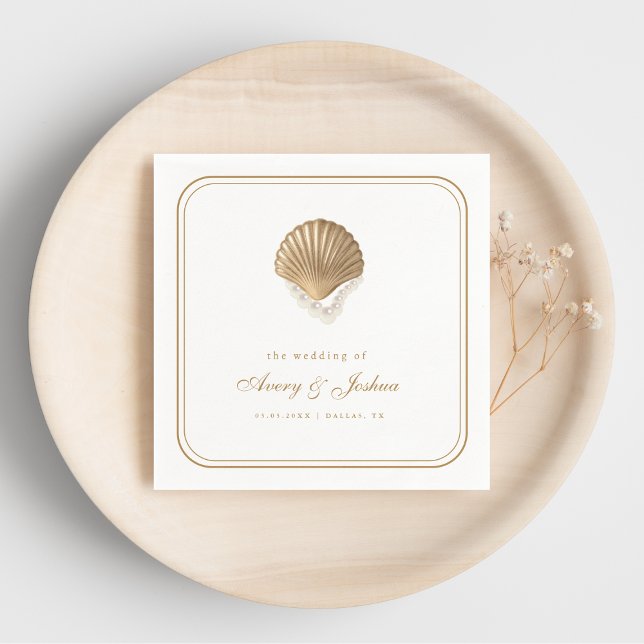 Serviette En Papier Gold Seashell Coastal Wedding Drink (Créateur téléchargé)