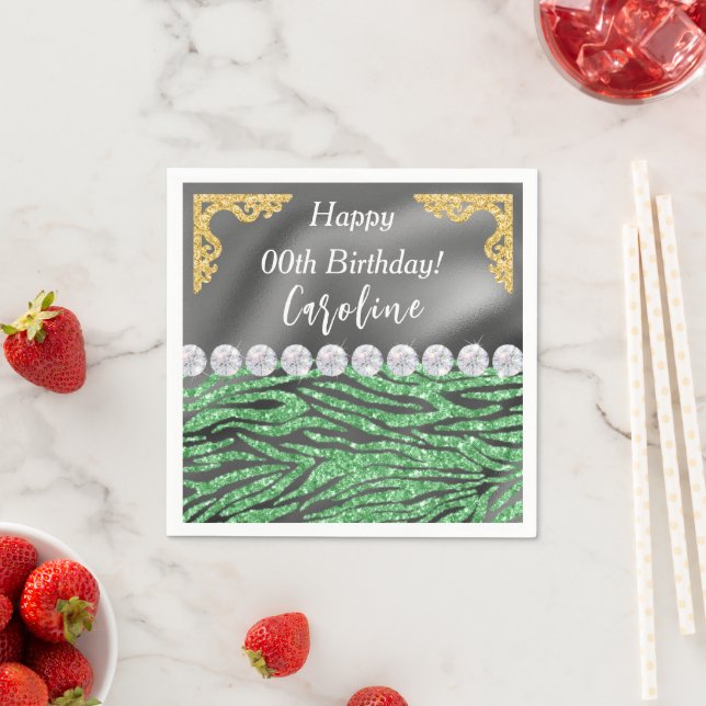 Serviette En Papier Gold Silver Foil Light Green Zebra Imprimer Annive (En situation)