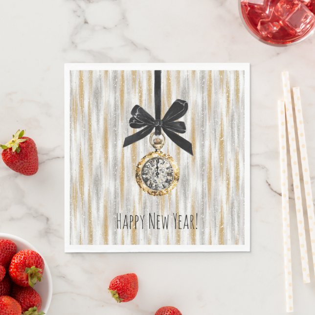 Serviette En Papier Gold Silver Stripes New Year's Eve Midnight (En situation)