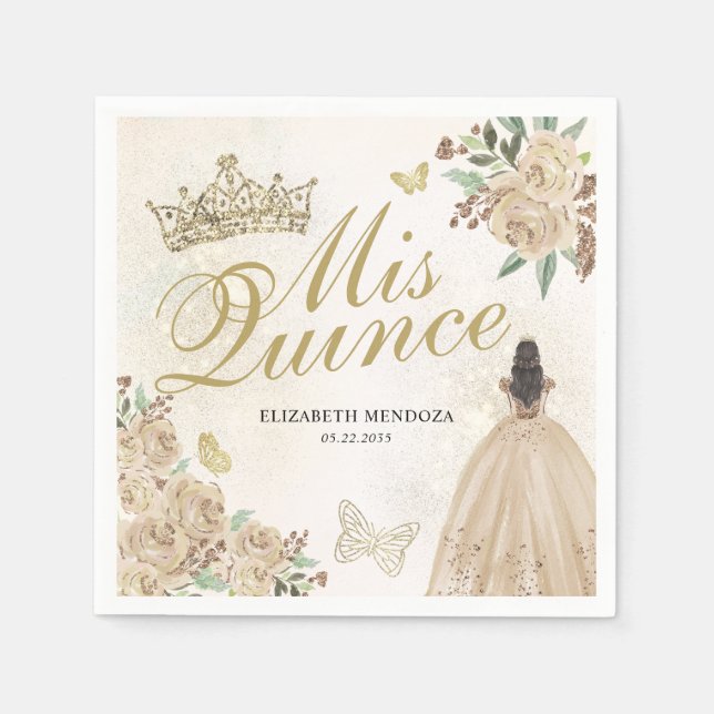 Serviette En Papier Gold Sparkel Floral Princess Quinceañera Anniversa (Devant)