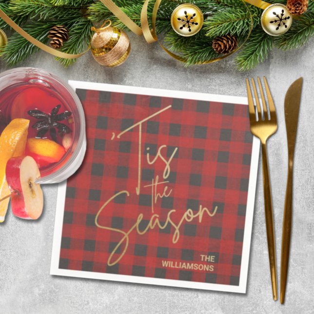 Serviette En Papier Gold Tis the Season Red Buffalo Christmas Plaid (Créateur téléchargé)