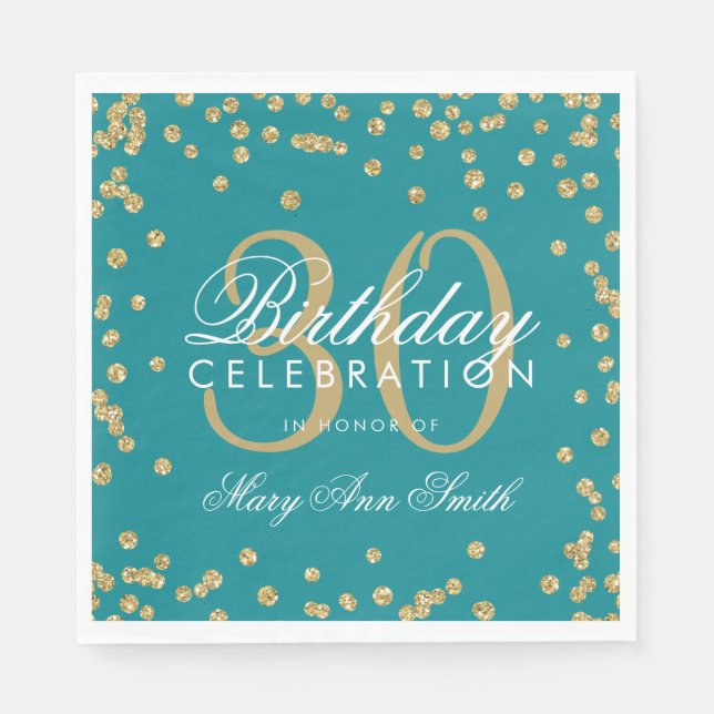 Serviette En Papier Gold Turquoise 30e anniversaire Parties scintillan (Devant)