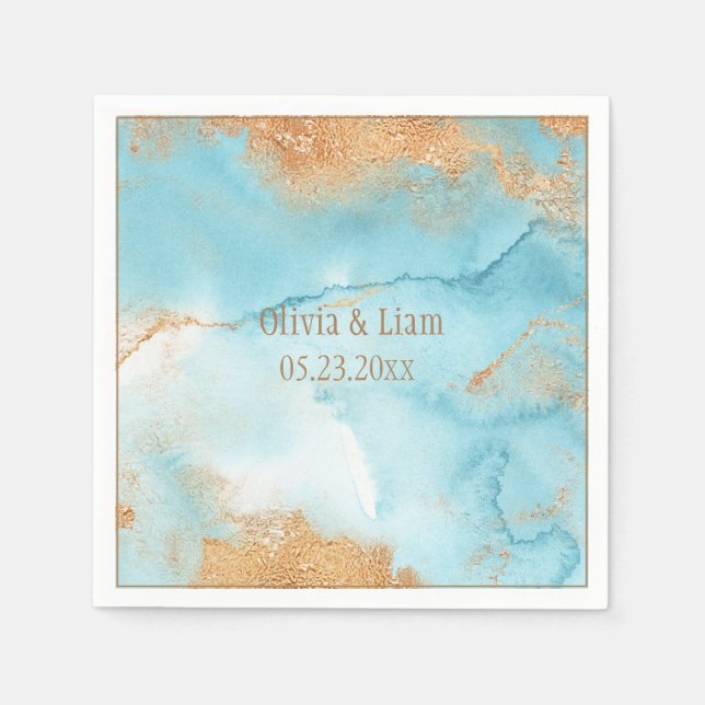 Serviette En Papier Gold Turquoise Nom Abstrait Mariage moderne (Devant)