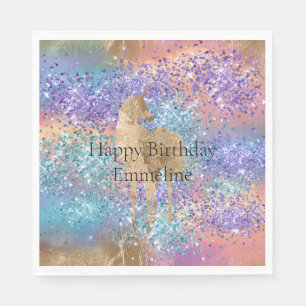 Serviette En Papier Gold Unicorn Étincelle violette Aqua rose Nom de l