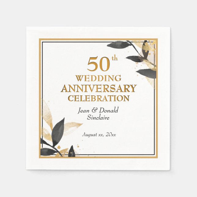 Serviette En Papier Golden 50e anniversaire Mariage Noir et or (Devant)