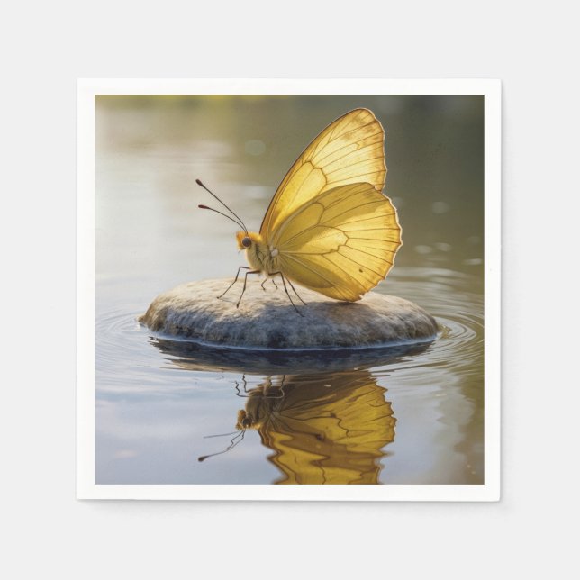 Serviette En Papier Golden Butterfly On a Rock in Water (Devant)