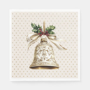 Serviette En Papier Golden Christmas Bell Shiny Stars Green Feuilles