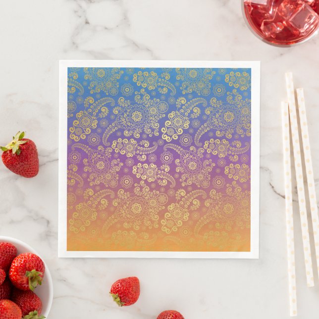 Serviette En Papier Golden Luxury Paisley on Blue, Purple et Orange (En situation)