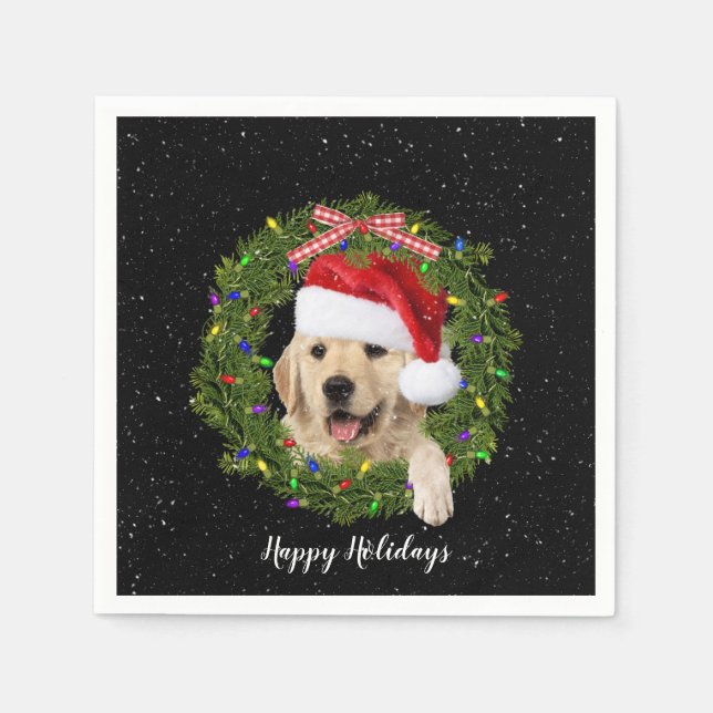 Serviette En Papier Golden Retrieve in holiday wreath (Devant)