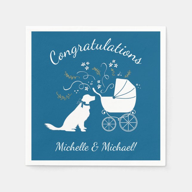 Serviette En Papier Golden Retriever Baby shower chien bleu garçon (Devant)