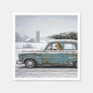 Serviette En Papier Golden Retriever conduisant une voiture rétro avec