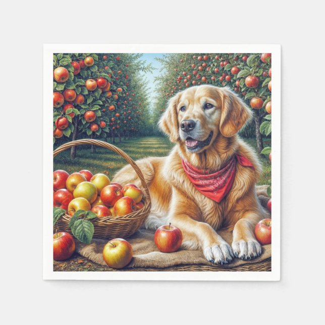 Serviette En Papier Golden Retriever dans Apple Orchard (Devant)
