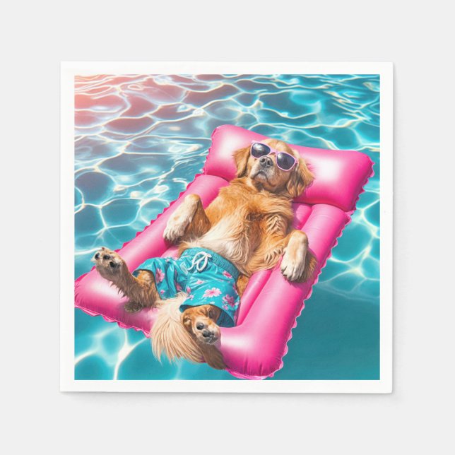 Serviette En Papier Golden Retriever Flottant Sur Matelas De Piscine (Devant)