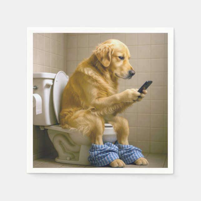 Serviette En Papier Golden Retriever Sitting On the Toilet Texting (Devant)