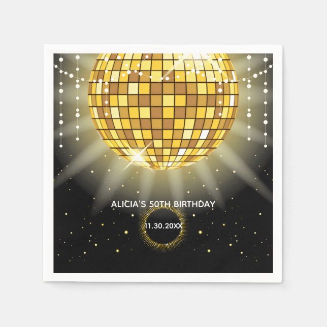 Serviette En Papier Golden Shiny Disco Ball Black Anniversaire (Devant)