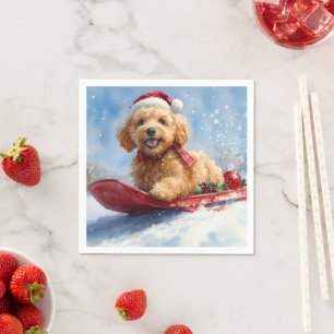Serviette En Papier Goldendoodle Dog in Sledge Let it neige Christmas