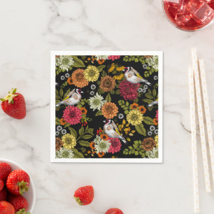 Serviette En Papier Goldfinches dans le jardin sur noir