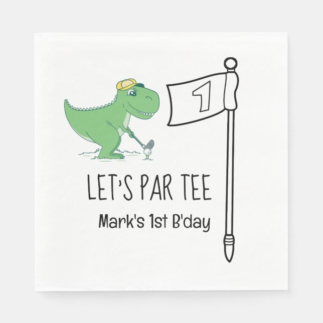 Serviette En Papier Golf 1er Anniversaire Dinosaur golfeur par tee (Devant)