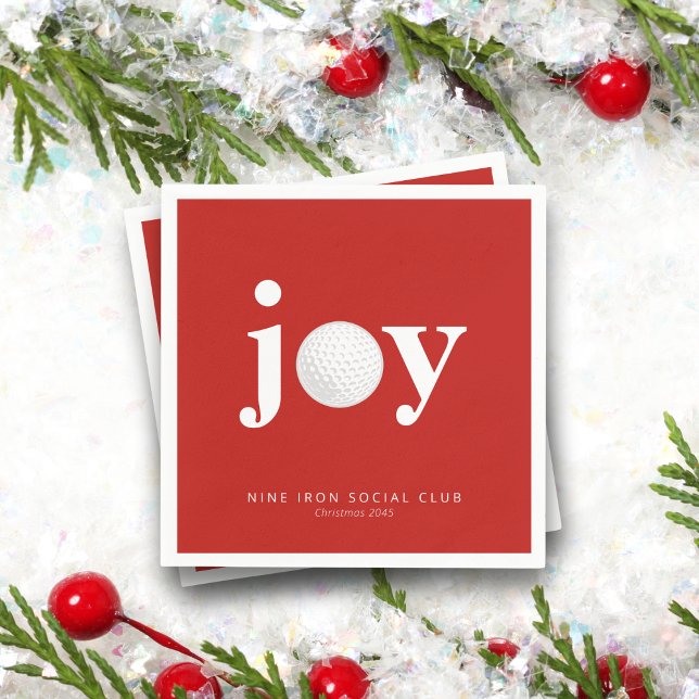 Serviette En Papier Golf Holiday Joy Personalized Name Typography Red (Modern “Joy” with golf ball detail. Perfect for country clubs, leagues, or golf buddy parties.)