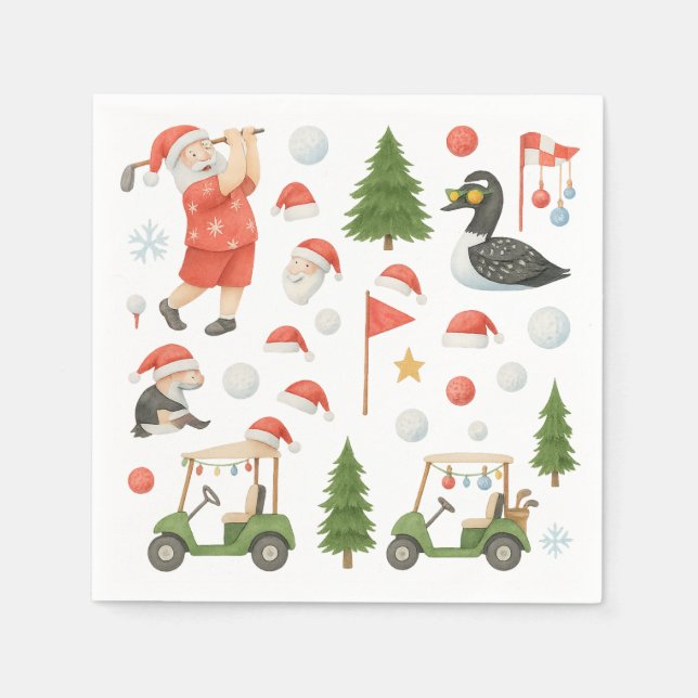 Serviette En Papier Golf Joyeux Noël avec Père Noël Golfing (Devant)