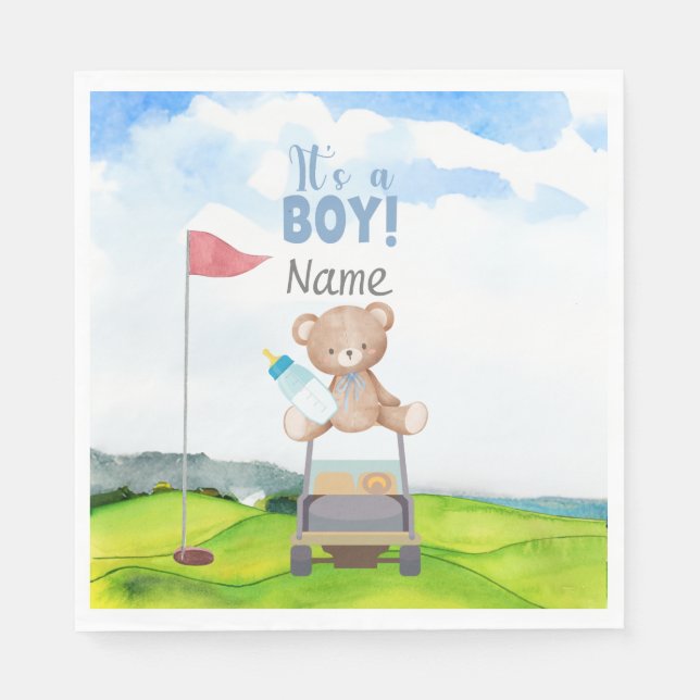 Serviette En Papier Golf Teddy Bear C'est un garçon pour Baby Shower   (Devant)