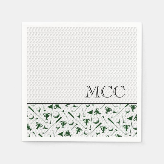 Serviette En Papier Golf Vert Blanc Golf Ball Monogrammes Initiales (Devant)