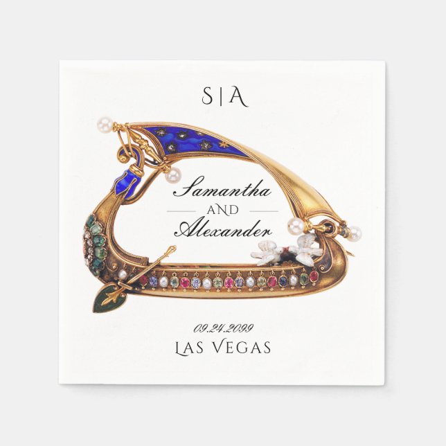 Serviette En Papier gondole vénitienne Ornate noir & blanc Mariage (Devant)