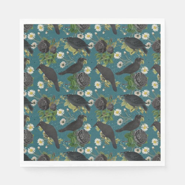 Serviette En Papier Goth Crows et Roses noirs Profond Turquoise Motif (Devant)