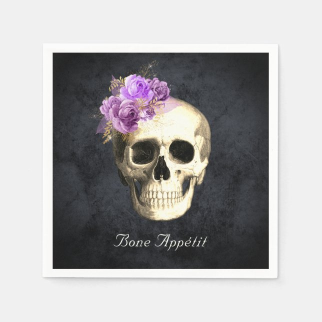 Serviette En Papier Gothique Crâne violet Roses Personnalisé Halloween (Devant)