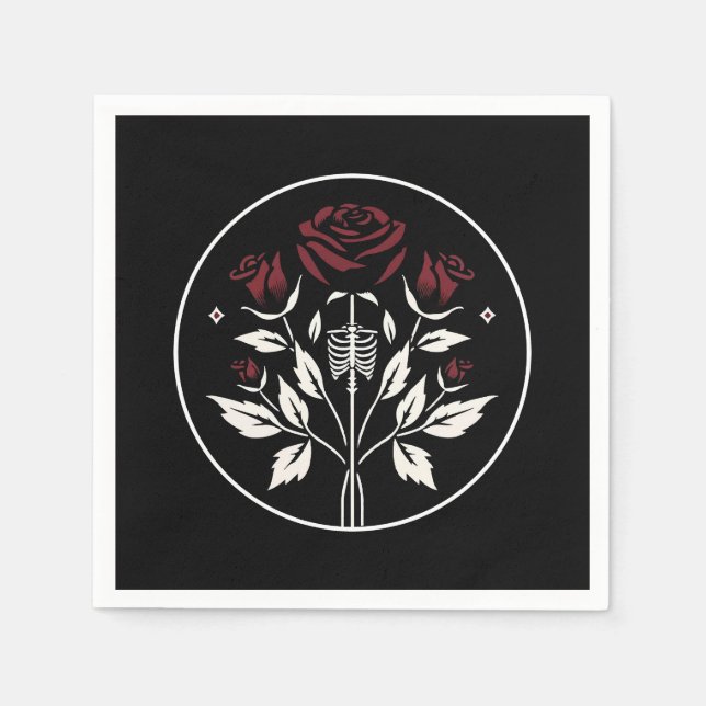 Serviette En Papier Gothique Skeleton Rib Roses Noir Elégant Mariage (Devant)