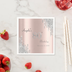 Serviette En Papier Gouttes de paillettes argentées Rose Gold 80ème An