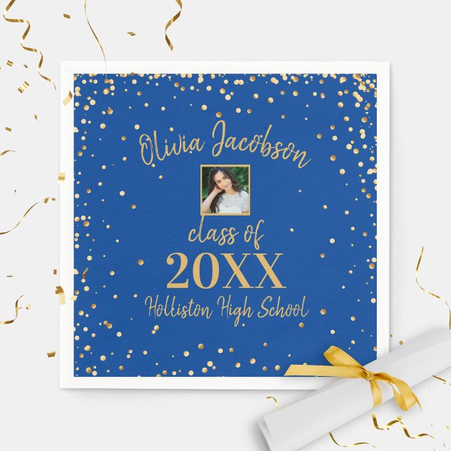 Serviette En Papier Grad Photo Gold Confetti Graduation Party Blue (Créateur téléchargé)