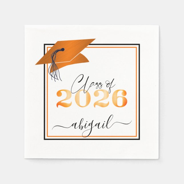 Serviette En Papier Graduation 2025 Faux Metallic Orange Noir Script (Devant)