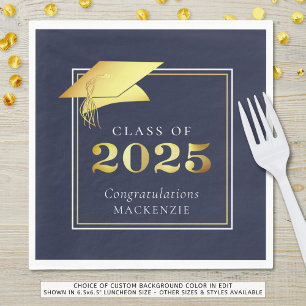 Serviette En Papier Graduation 2025 Marine Blue Faux Metallic Gold