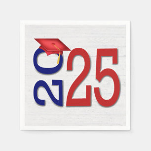 Serviette En Papier Graduation 2025 Rouge et bleu sur le bois