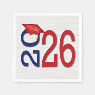 Serviette En Papier Graduation 2025 Rouge et bleu sur le bois
