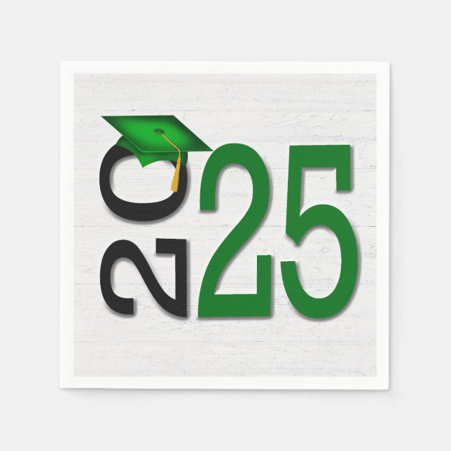 Serviette En Papier Graduation 2025 Vert et noir sur bois (Devant)