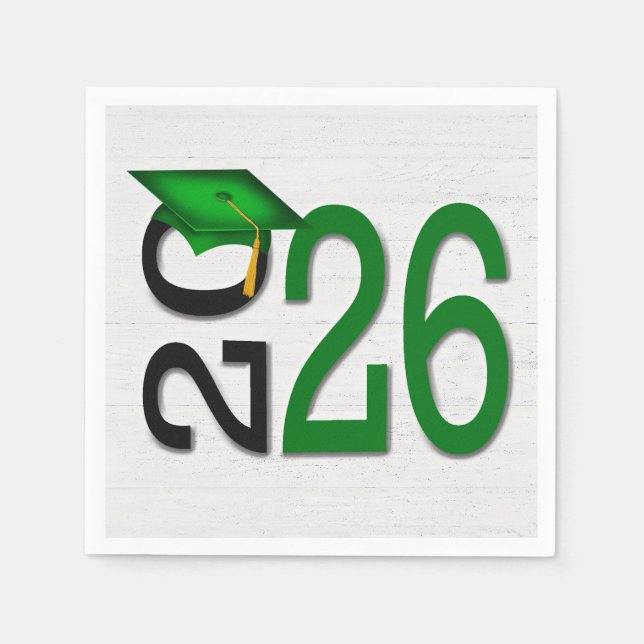 Serviette En Papier Graduation 2025 Vert et noir sur bois (Devant)