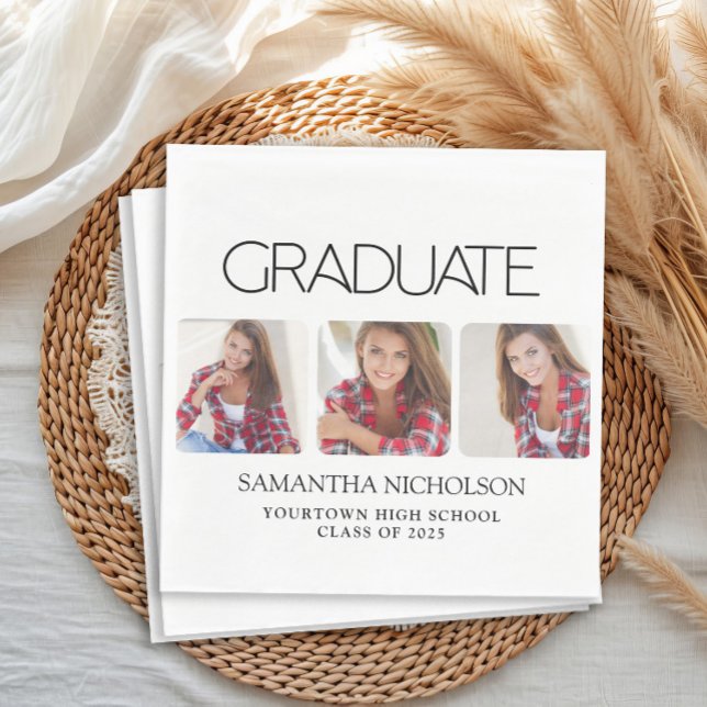 Serviette En Papier Graduation 3-Photo Moderne (Modern white 3 photo graduation party paper napkins)