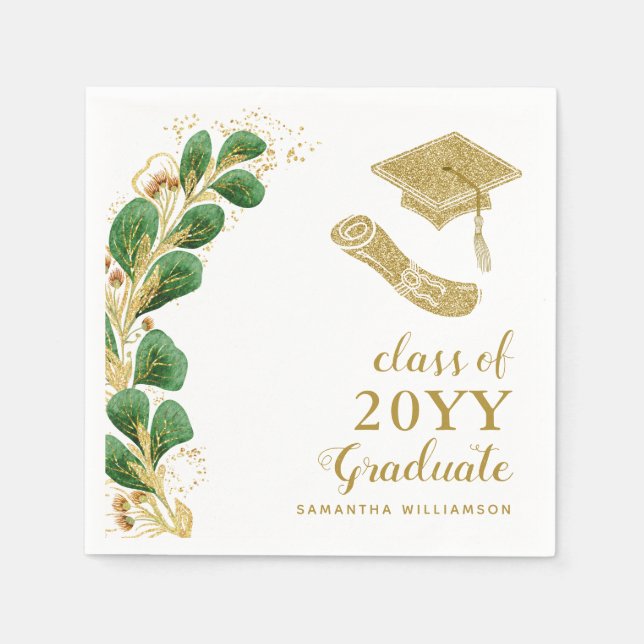 Serviette En Papier Graduation Cap Faux Gold Année Script Élégant (Devant)