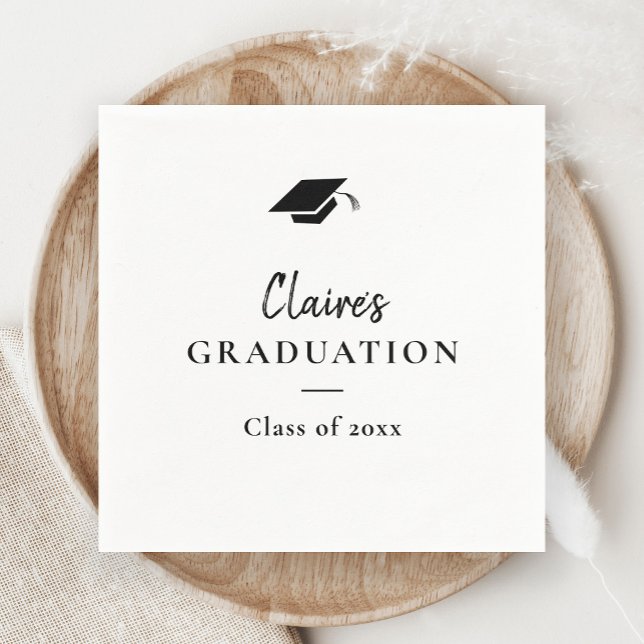 Serviette En Papier Graduation classique simple (Modern Handwritten Black and White Cap Graduation Party Napkins.)