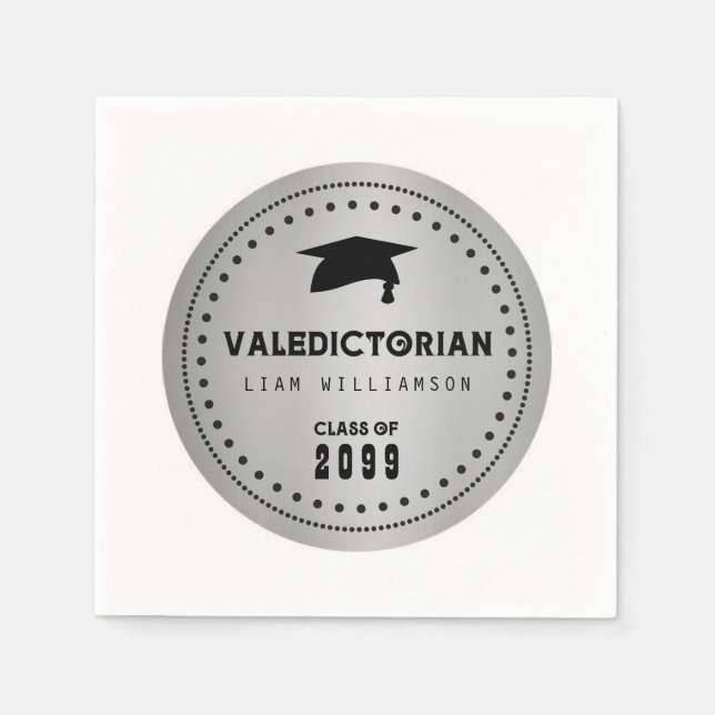 Serviette En Papier Graduation de Valedictorian noir et argent (Devant)
