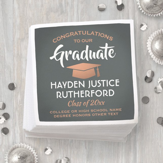Serviette En Papier Graduation Félicats Elégant Grey et Faux Copper (Créateur téléchargé)
