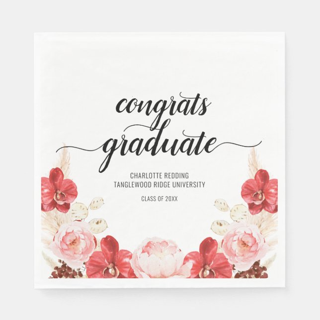Serviette En Papier Graduation moderne Pink Red Floral Script (Devant)