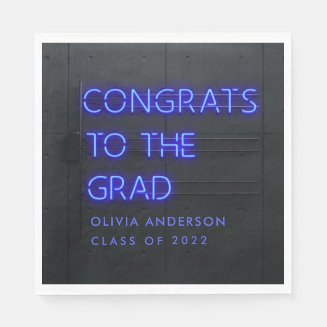 Serviette En Papier Graduation néon bleu typographie moderne congrats  (Devant)