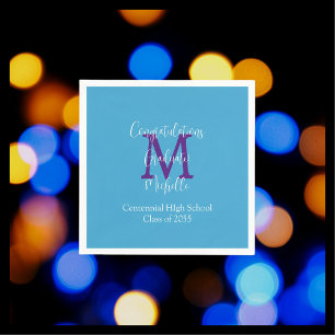 Serviette En Papier Graduation Party Bleu pourpre Blanc Nom Monogramme