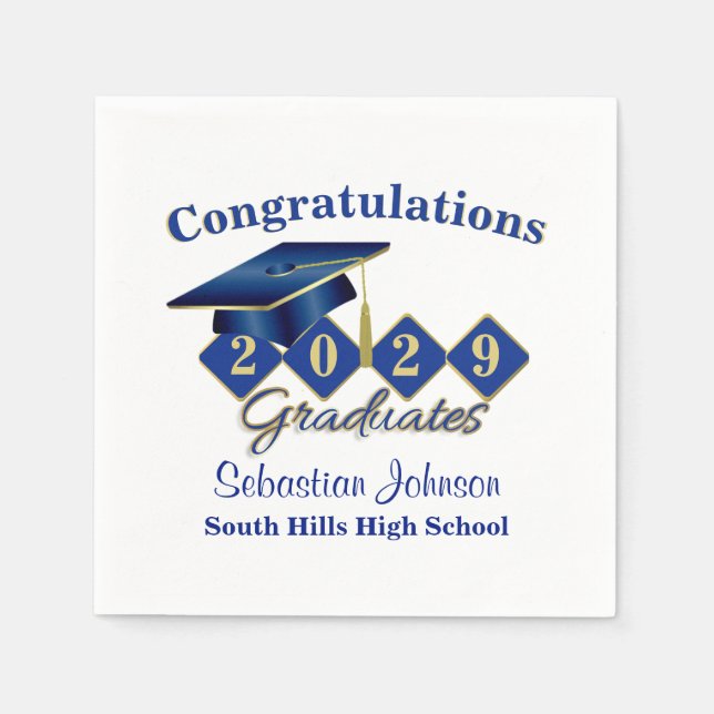 Serviette En Papier Graduation personnalisée Bleu & Or (Devant)