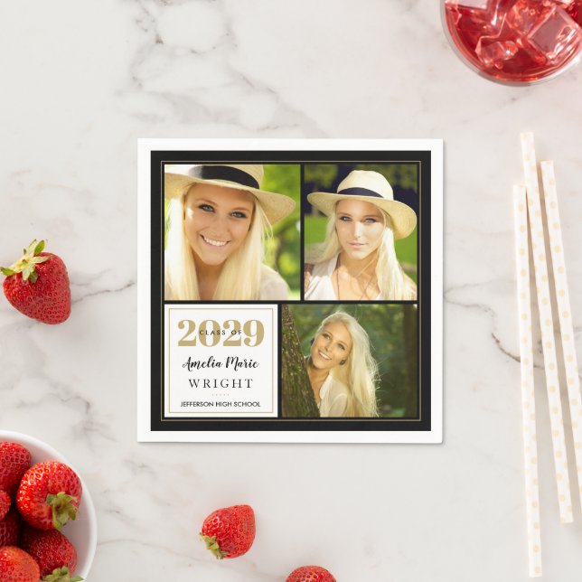 Serviette En Papier Graduation personnalisée Noir et Or Classy (En situation)