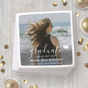 Serviette En Papier Graduation Photo & Elegant White Script Classe Ann